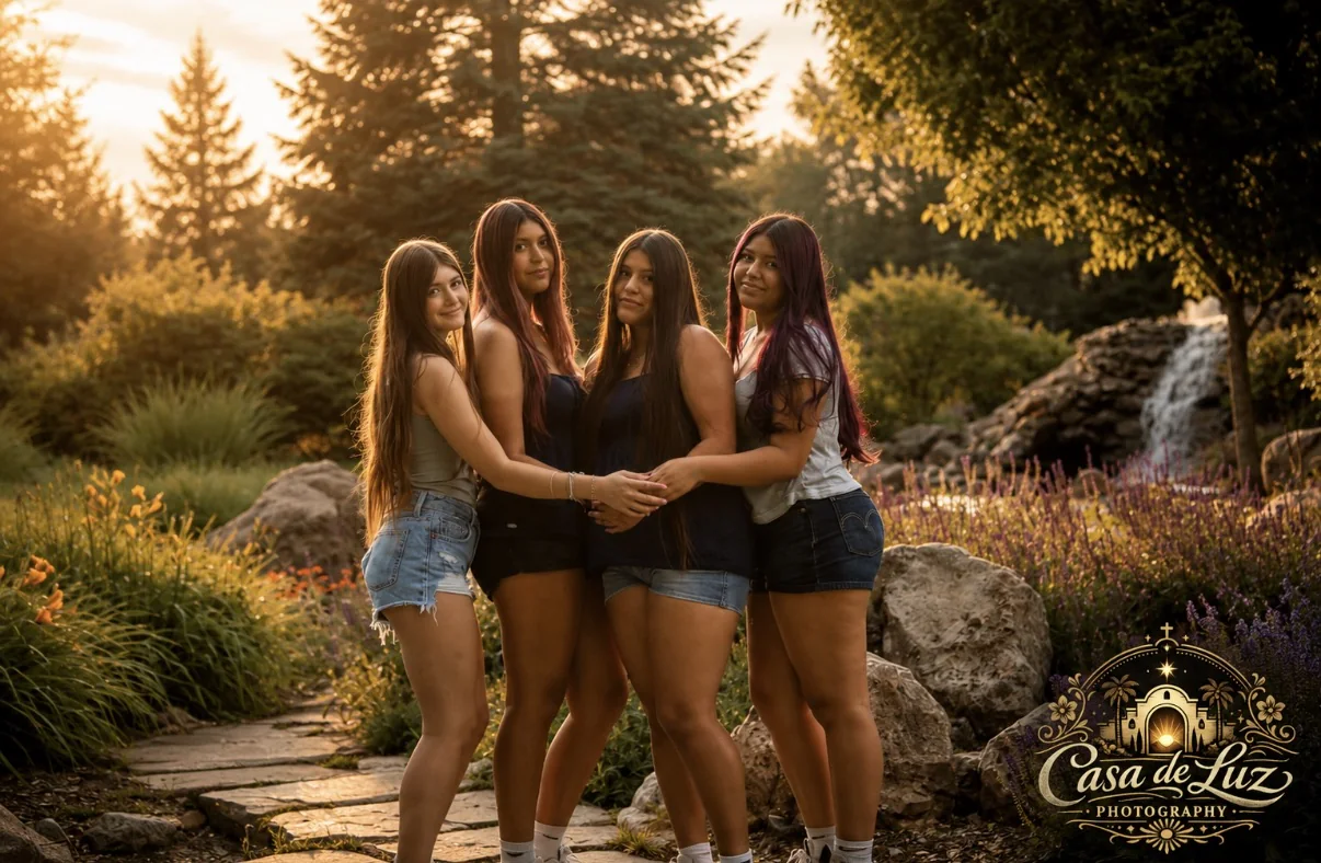 Golden hour group portrait in a garden